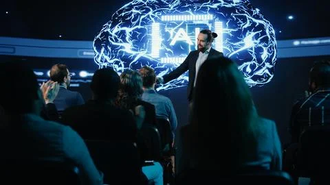 AI technology presentation with data science and virtual intelligence visuals Stock Photos