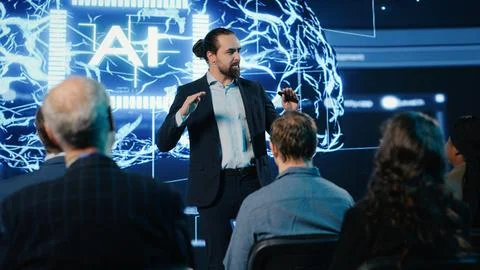 AI technology presentation with data science and virtual intelligence visuals Stock Photos