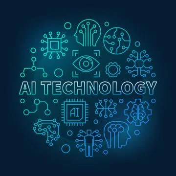 AI technology round blue vector linear illustration Illustrazione stock