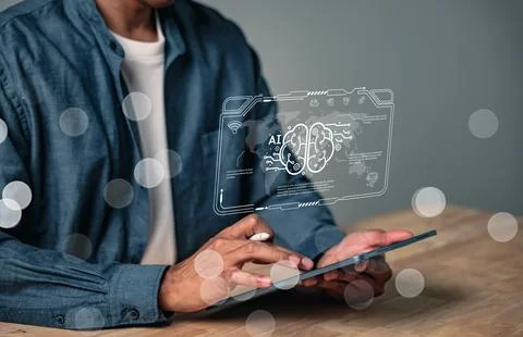 Ai technology shows a digital brain connecting automated robotics with chip.. Foto stock