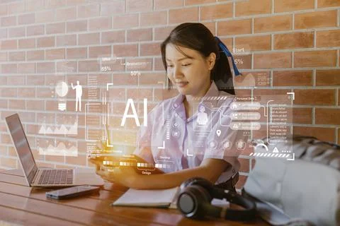 AI Technology for Smart Education concept, School teen looking at Artificia.. Stock Photos