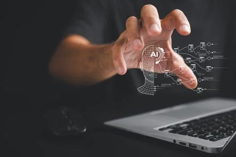AI technology visualizes machine learning near a laptop, connecting a wiref.. Stockfoto's