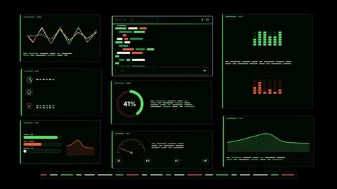 AI Terminal Dashboard Overlay Lime Green Data Panels Seamless Loop Futuristic Stock Footage 344104100