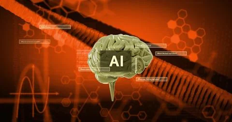 AI text and brain image over DNA strand and hexagonal patterns Stockfoto's