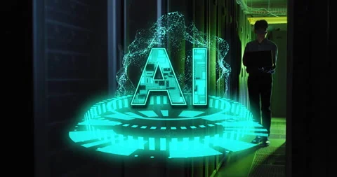 AI text and digital elements over person walking in data center Stock Footage 315649202