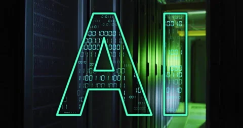 AI text animation over binary code and server racks Stock Footage 306507190