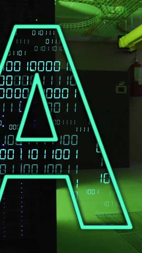 AI text animation over binary code and server room background Stock Footage 320150638