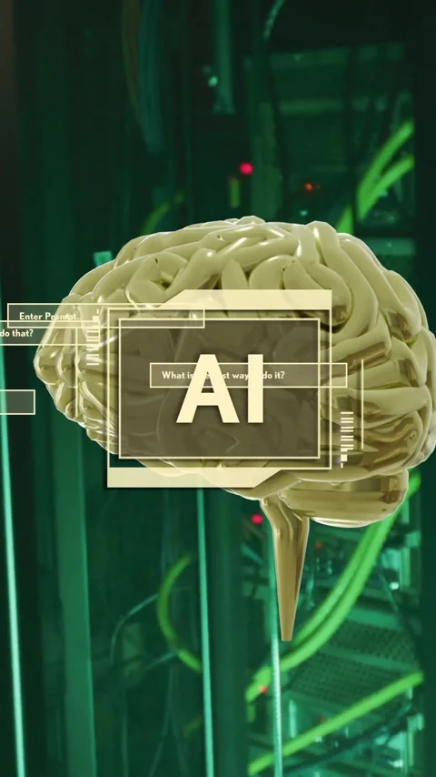 AI text animation over brain and server room background Stock Footage 320093302