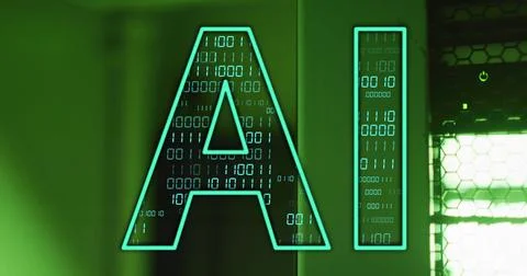 AI text with binary code image over green background Stockfoto's