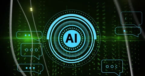 AI text bubbles and binary code animation over green digital background Stock Footage 306637050