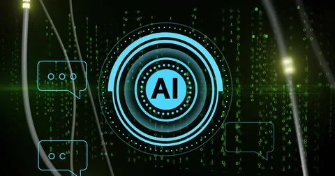 AI text bubbles and binary code image over green digital background Stock Illustration