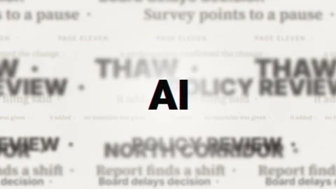 AI text with chromatic glitch over blurred floating newspaper headlines Vídeo Stock 344719606