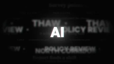 AI text with chromatic glitch over blurred floating newspaper headlines Vídeo Stock 344719621