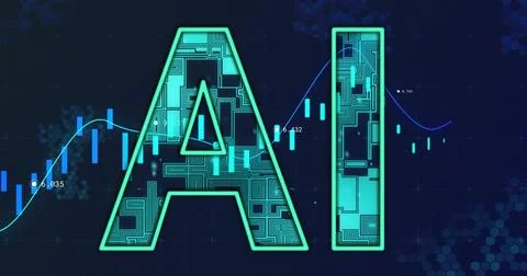 AI text with digital circuit pattern overlaying financial graph and data 스톡 사진