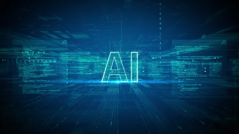 AI text in futuristic digital background with grids, and data symbolizing Stock Footage 307804027