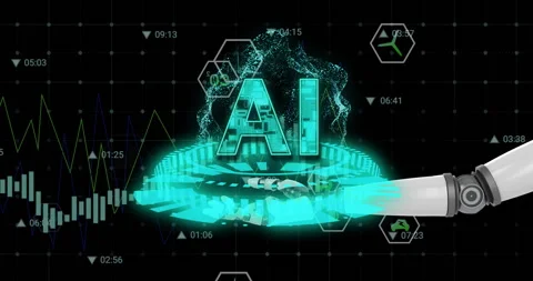 AI text with holographic elements and robotic arm over digital data and graphs Video stock 307736661