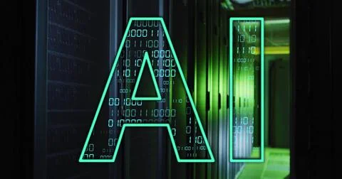 AI text image over binary code and server racks Stock Photos