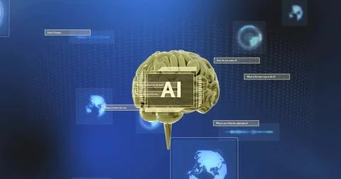 AI text image over digital brain and technology icons on blue background Stock Photos