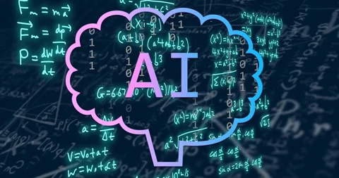 AI text inside brain shape over mathematical equations animation Video stock 306507812