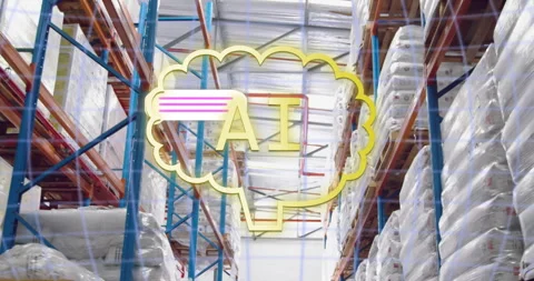 AI text inside brain shape over warehouse shelves with stacked goods Stock Footage 307736675