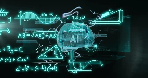 AI text over brain and mathematical formulas, scientific data processing Stock-Footage 310821296