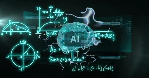 AI text over brain and mathematical formulas, scientific data processing image Stock Illustration