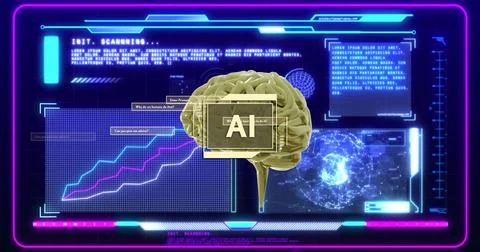 AI text over brain and data charts in futuristic image Stock Photos
