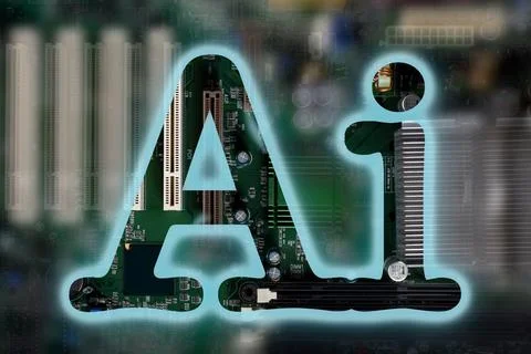 AI text over computer motherboard to show artificial intelligence in comput.. Stockfoto's