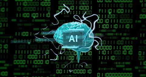 AI text over digital brain and binary code background Stock Footage 307661537
