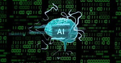 AI text over digital brain and binary code background Stock Illustration