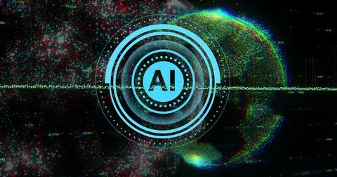AI text over digital globe with data points and circular interface image Stock Illustration