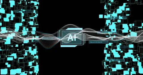 AI text over digital wave and futuristic interface with blue geometric shapes Illustrazione stock
