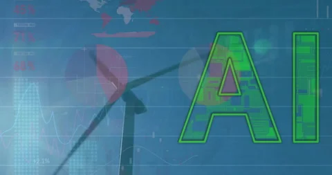 AI text over wind turbine and global data visualization Stock Footage 307662048