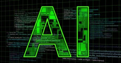 AI text overlay on digital code background, representing artificial intelligence 스톡 사진