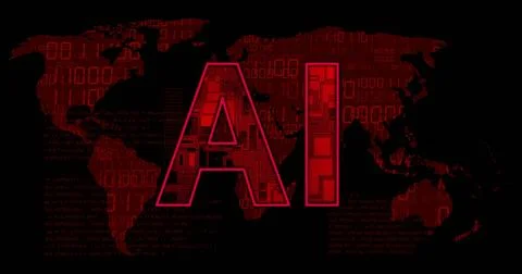 AI text overlay on world map, representing artificial intelligence with digital Stock Photos