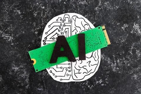 AI text on top of microchip and half human half robot brain,  Artificial In.. Stock Photos