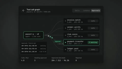 AI Tool Call Graph Dark Mode UI Mint Green Workflow Horizontal Node Map Agent Stock Footage 347575967