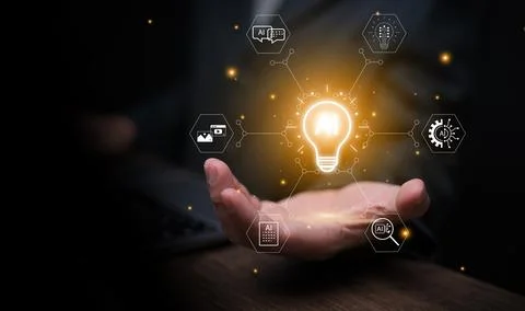 AI tools concept with glowing lightbulb symbolizing generative artificial i.. Stockfoto's