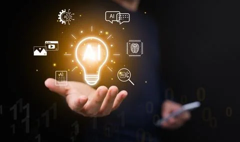 AI tools technology with glowing lightbulb in man hand with smartphone. Gen.. Foto stock