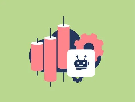 AI trading bots analyze crypto signals, stock charts and candlestick strategies Stock Illustration