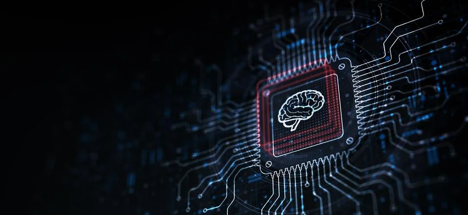 AI Transforming Industries Illustrated on a Processor Touched by a Human Hand Illustrazione stock