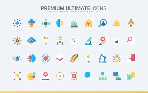 AI trendy flat icons set, digital brain and automatic machine learning, science Stock Illustration