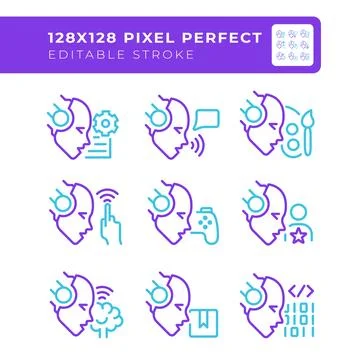 AI usage two color line icons set Stock Illustration