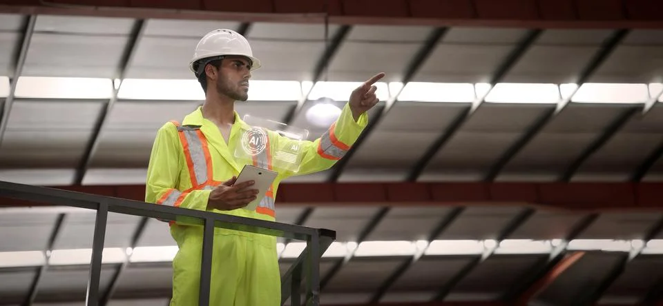 Ai using. Engineers and technicians use AI inspect industrial equipment. Stock Photos