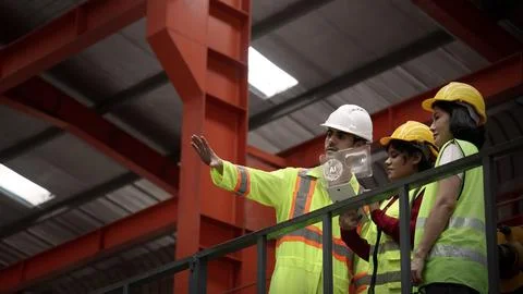 Ai using. Engineers and technicians use AI inspect industrial equipment. Stock Photos