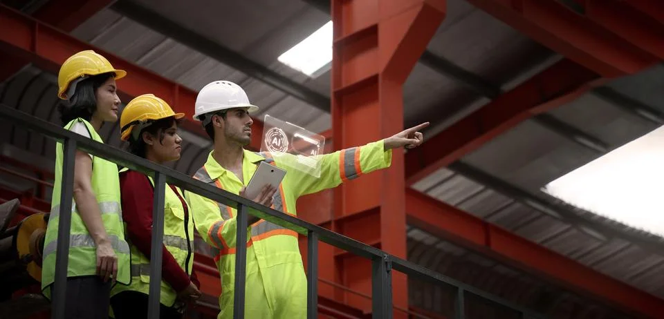 Ai using. Engineers and technicians use AI inspect industrial equipment. Stock Photos