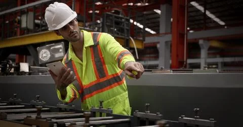 Ai using. Engineers and technicians use AI inspect industrial equipment. Stock Photos
