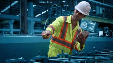 Ai using. Engineers and technicians use AI inspect industrial equipment. Stock Photos