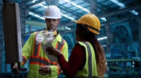 Ai using. Engineers and technicians use AI inspect industrial equipment. Stock Photos