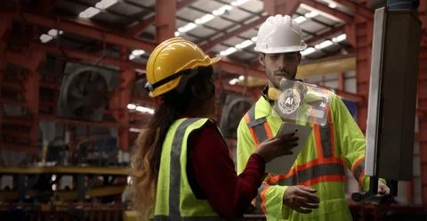 Ai using. Engineers and technicians use AI inspect industrial equipment. Stock Photos